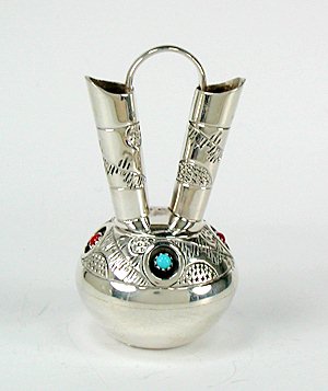 Navajo Handmade Sterling Silver and Turquioise Miniature Wedding Vase