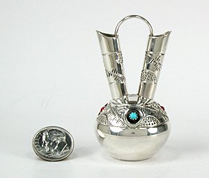 Navajo Handmade Sterling Silver and Turquioise Miniature Wedding Vase