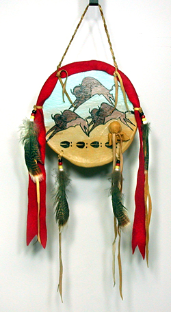Authentic Native American hand painted leather Bison shield by Lakota artisan Evans Flammond