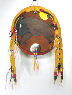 Authentic Native American hand painted three horses dance shield by Pine Ridge Lakota artisan Travis Harden