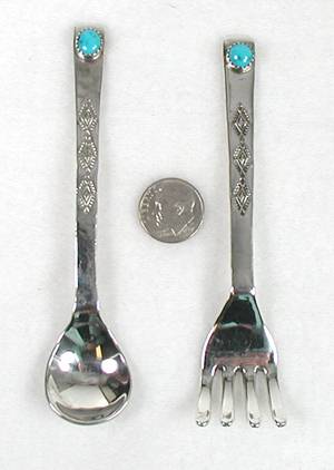 Hand made Native American Indian Jewelry; Navajo Sterling Silver and Turquoise Fork and Spoon