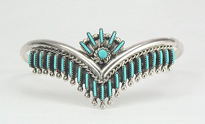 Hand made Native American Indian Zuni Sterling Silver Turquoise needlepoint Bracelet