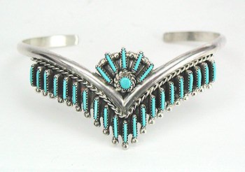 Hand made Native American Indian Zuni Sterling Silver Turquoise needlepoint Bracelet