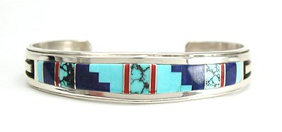 Hand made Native American Indian Navajo Sterling Silver Multi-Stone Inlay Bracelet