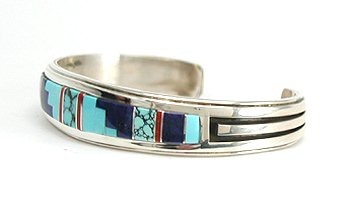 Hand made Native American Indian Navajo Sterling Silver Multi-Stone Inlay Bracelet