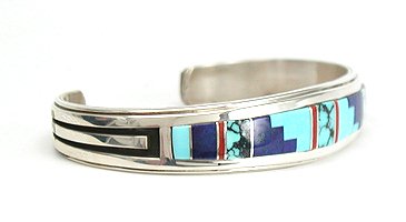 Hand made Native American Indian Navajo Sterling Silver Multi-Stone Inlay Bracelet