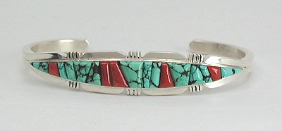 Hand made Native American Indian Navajo Sterling Silver Multi-Stone Inlay Bracelet
