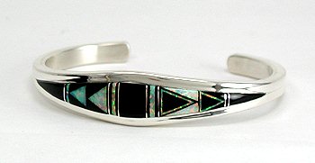 Hand made Native American Indian Navajo Sterling Silver Multi-Stone Inlay Bracelet
