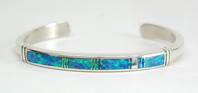 Hand made Native American Indian Navajo Sterling Silver Opal Inlay Bracelet