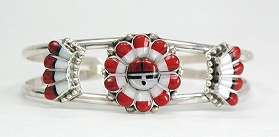 Hand made Native American Indian Zuni Sterling Silver Coral Inlay Sunface Bracelet