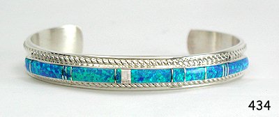 Hand made Native American Indian Navajo Sterling Silver Opal Inlay Bracelet