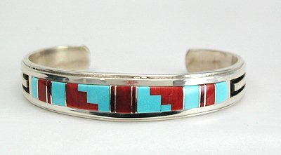 Hand made Native American Indian Navajo Sterling Silver Inlay Bracelet