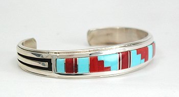Hand made Native American Indian Navajo Sterling Silver Inlay Bracelet