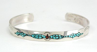 Hand made Native American Indian Navajo Sterling Silver Inlay Bracelet