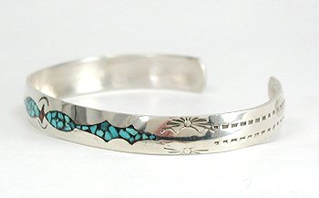 Hand made Native American Indian Navajo Sterling Silver Inlay Bracelet
