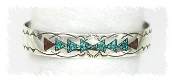 Hand made Native American Indian Navajo Sterling Silver Chip Inlay Bracelet