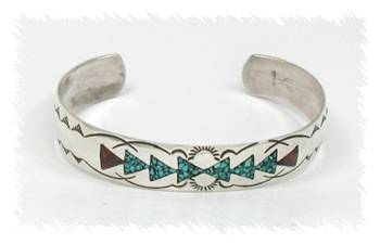 Hand made Native American Indian Navajo Sterling Silver Chip Inlay Bracelet