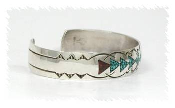 Hand made Native American Indian Navajo Sterling Silver Chip Inlay Bracelet