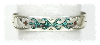 Hand made Native American Indian Navajo Sterling Silver Chip Inlay Bracelet