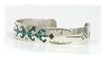 Hand made Native American Indian Navajo Sterling Silver Chip Inlay Bracelet