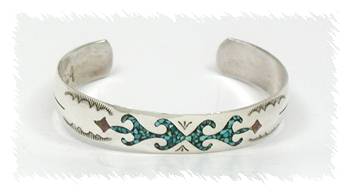 Hand made Native American Indian Navajo Sterling Silver Chip Inlay Bracelet