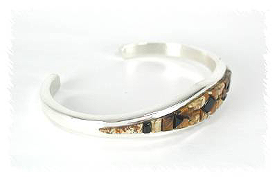 Hand made Native American Indian Navajo Sterling Silver Fossilized Coral Inlay Bracelet