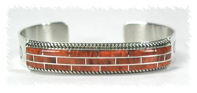 Hand made Native American Indian Navajo Sterling Silver Spiny Oyster  Inlay Bracelet