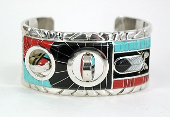 Don Dewa Zuni Native American Indian Sterling Silver Inlay double spinner Bracelet