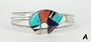 Hand made Native American Indian Jewelry; Navajo Sterling Silver and Inlay Bear bracelet by Dale Livingston