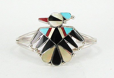 Hand made Native American Indian Jewelry; Navajo Sterling Silver and Inlay Thunderbird bracelet by Rose Tekela