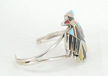 Hand made Native American Indian Jewelry; Navajo Sterling Silver and Inlay Thunderbird bracelet by Rose Tekela
