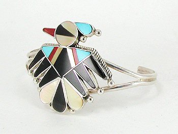 Hand made Native American Indian Jewelry; Navajo Sterling Silver and Inlay Thunderbird bracelet by Rose Tekela