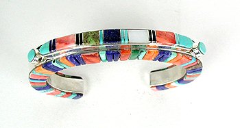 Hand made Native American Indian Jewelry; Navajo Sterling Silver and  Opal Inlay bracelet 