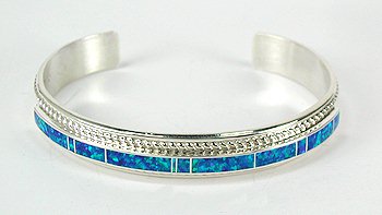 Hand made Native American Indian Navajo Sterling Silver Opal Inlay Bracelet