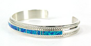 Hand made Native American Indian Navajo Sterling Silver Opal Inlay Bracelet
