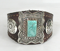 Authentic Native American sterling silver and turquoise leather cuff bracelet by Yaqui  artist Art Tafoya