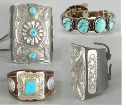 Authentic Native American sterling silver and turquoise  leather cuffs, ketohs, bow guards, concho bracelets