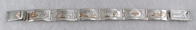 Hand made Native American Indian Jewelry; Navajo Sterling Silver Navajo Storyteller Overlay Link Bracelet