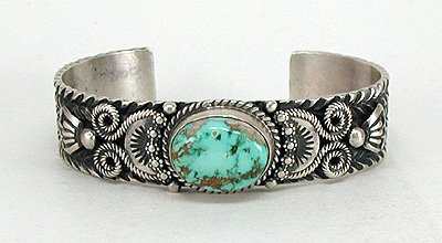 Native American Sterling Silver and Pilot Mountain turquoise bracelet by Navajo Darrell Cadman