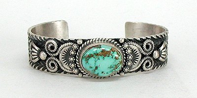 Authentic Native American Sterling Silver and Pilot Mountain turquoise bracelet by Navajo  Darrell Cadman