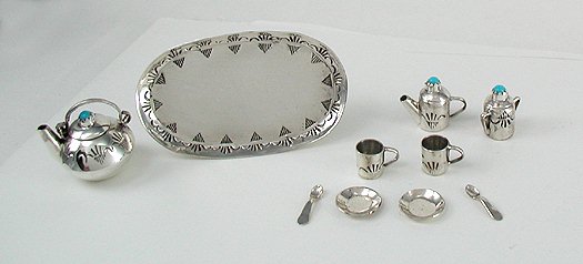 Navajo Handmade Sterling Silver and Turquioise Miniature Tea Set