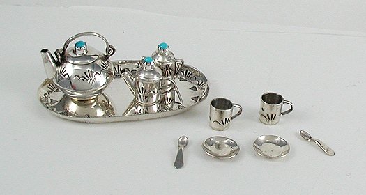 Navajo Handmade Sterling Silver and Turquioise Miniature Tea Set