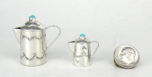 Navajo Handmade Sterling Silver and Turquioise Miniature Coffee Pot