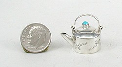 Navajo Handmade Sterling Silver and Turquioise Miniature Kettle