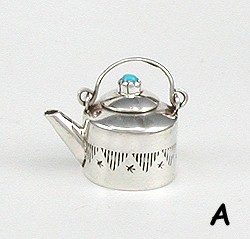 Navajo Handmade Sterling Silver and Turquioise Miniature Kettle