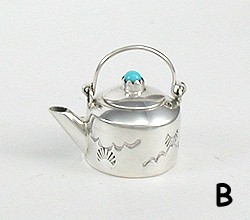 Navajo Handmade Sterling Silver and Turquioise Miniature Kettle