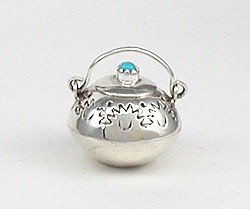 Navajo Handmade Sterling Silver and Turquioise Miniature Round Pot