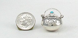 Navajo Handmade Sterling Silver and Turquioise Miniature Round Pot