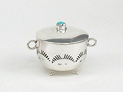 Navajo Handmade Sterling Silver and Turquioise Miniature Footed Kettle