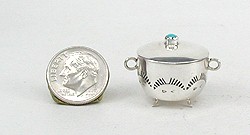Navajo Handmade Sterling Silver and Turquioise Miniature Footed Kettle